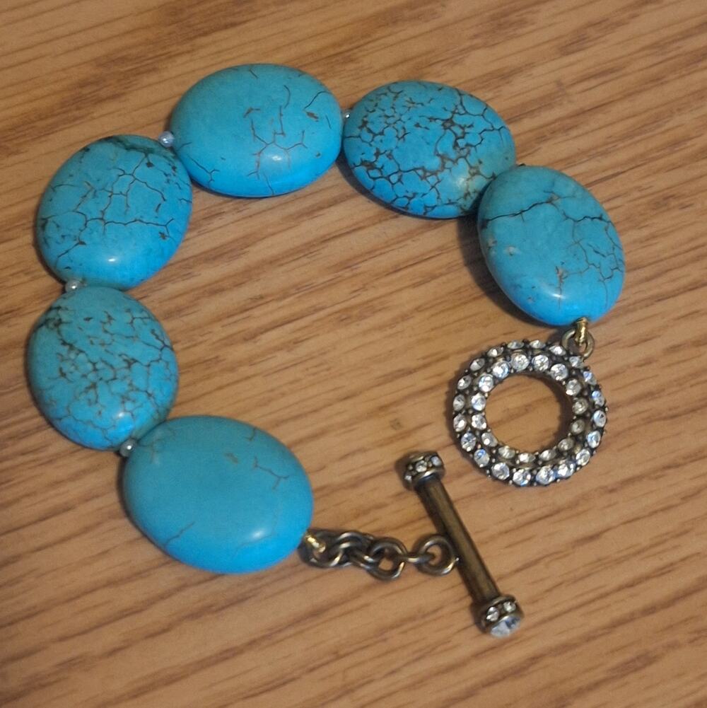 Heidi Daus Chunky Faux Turquoise Slab Toggle Bracelet Crystal Accent Bronze Tone